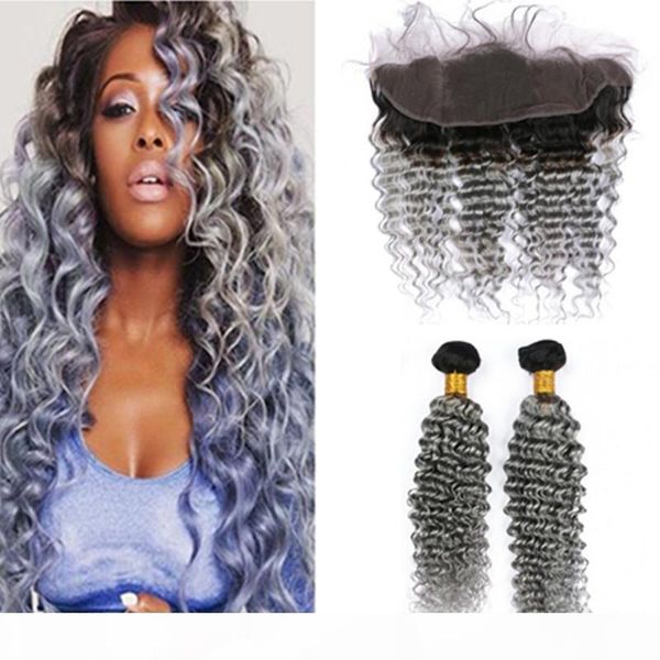 

silver grey ombre virgin hair wefts dark root with frontal deep wave 1b grey ombre malaysian human hair 2bundles with 13x4 lace frontal, Black