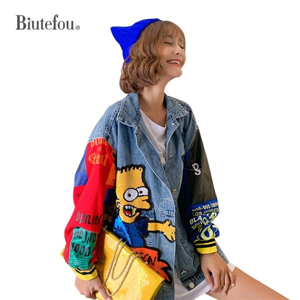 

2020 spring cartoon sequins designs denim jackets fashion women long jackets lj200813, Black;brown