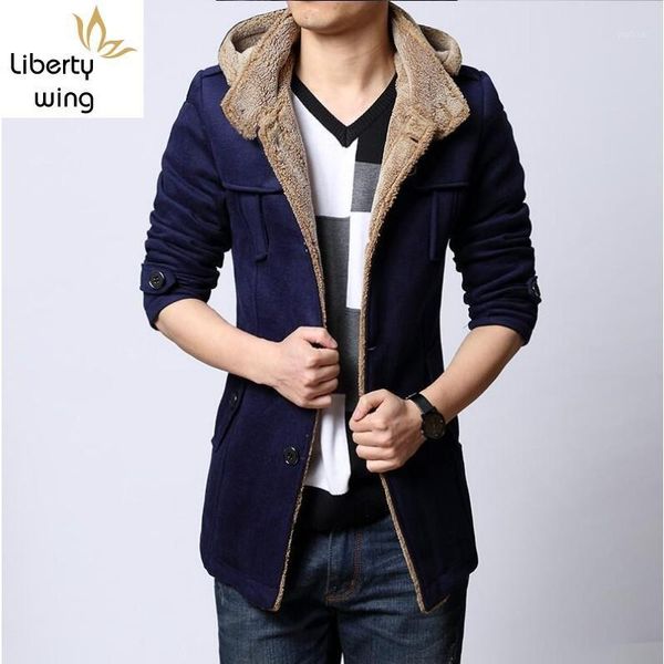 

winter fleece lined wool trench coat korean style slim fit thick warm windbreaker fashion hooded jacket men plus size 5xl1, Black