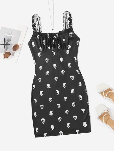 

allover skull print ruched bust cami bodycon dress she, Black;gray