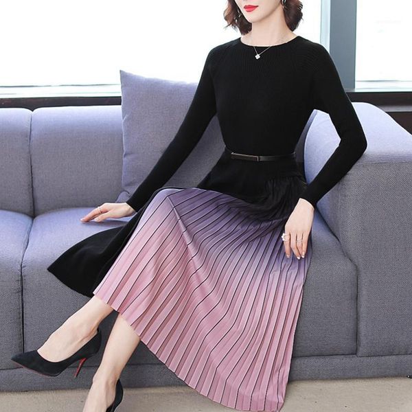 

women knitted one piece dresses fashion color gradient pleated dresses office ladies autumn winter sweater dress1, Black;gray