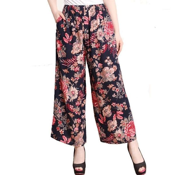 

summer women plus size 5xl harem pants casual vintage floral print pants female elastic waist loose wide leg trousers1, Black;white