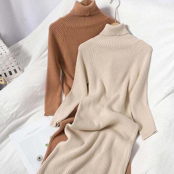 

winter wear versatile korean pure color knitted long skirt women's new high neck korean slim dress, Black;gray