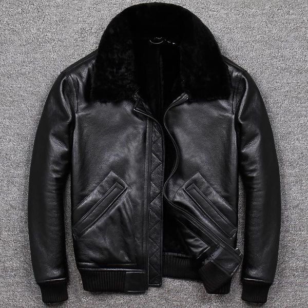 

2019 new fur one clothing black sheepskin genuine leather jacket men thick slim fit g1 bomber jacket winter coat1