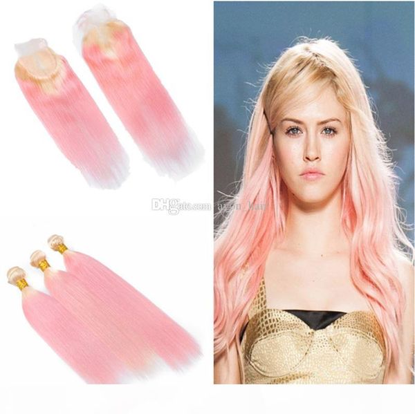 

new arrival two color blonde and pink human hair 3bundles with lace closure silky straight brazilian hair extension with closure 4x4, Black;brown