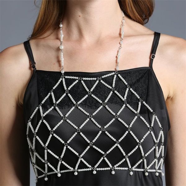 

charm multilayer imitation pearls beads body chain shoulder bra bikini beach body chains necklace fashion jewelry for women t200507, Slivery;golden