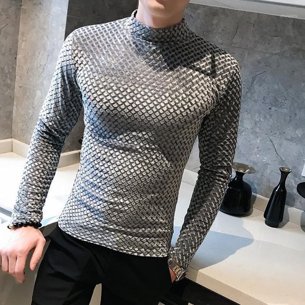 

nouveau velours demi col roul hommes t-shirts de luxe couleur unie manches longues homme t-shirts de haute qualit slim fit1, White;black