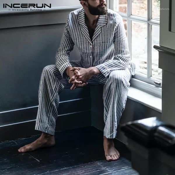 

men striped pajamas sets homewear long sleeve lapel sleepwear pants 2 pieces comfortable leisure mens nightwear sets incerun1, Black;brown
