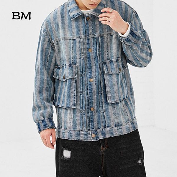 

men's jackets streetwear striped denim jacket mens fashion jeans harajuku clothing korean style clothes casual coat male1, Black;brown