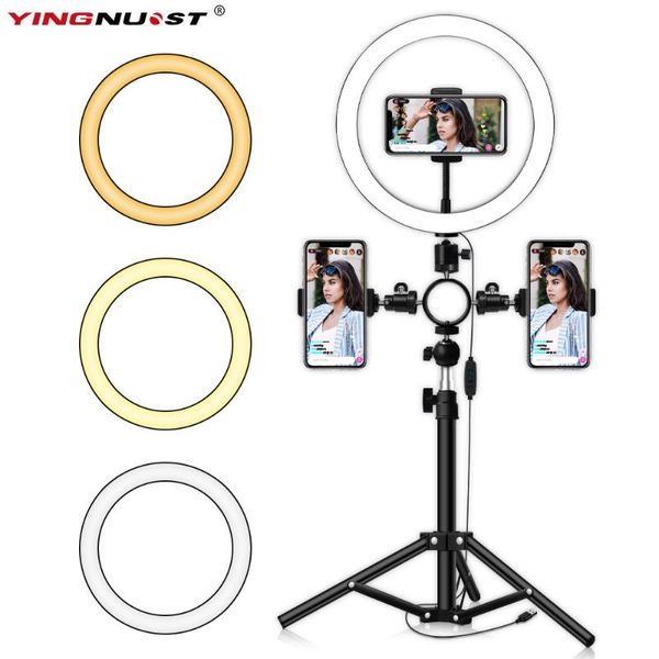 

10 inch selfie ring light makeup lamp in 3 lights modes with tripod multi smartphone holders for youtuber studio lighting
