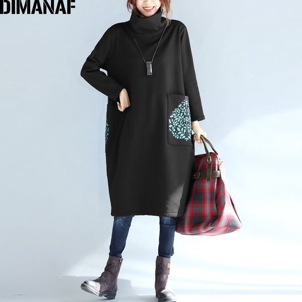 

dimanaf plus size women dress winter turtleneck cotton thick lady vestidos female clothes loose big size long sleeve dress black y200805, Black;pink