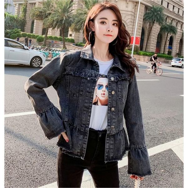 

vintage denim jacket women autumn spring loose cute sweet students trumpet sleeve jeans coat fringe chemisier femme1, Black;brown