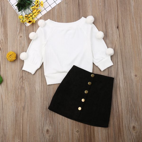 

girl's two-piece suit toddler baby kids girls hairball knit +button mini skirt warm outfits sets cute baby clothes 2-6t, White