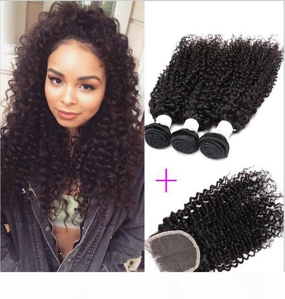 

brazilian deep curly human hair weaves with 4*4 lace closure 3pcs hair bundles with closure brazilian deep wave curly parting 4pcs lot, Black