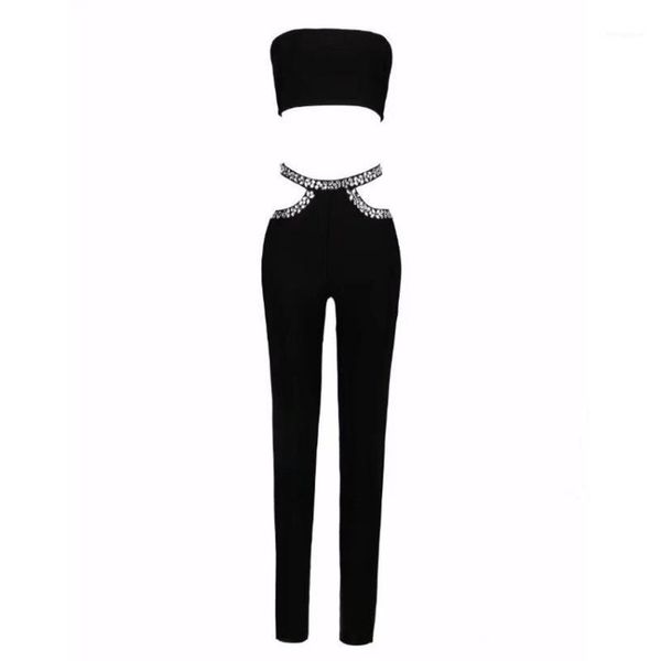 

fashion new arrival 2020 bodycon jumpsuits strapless off shoulder waist beading two piece sets celebrity bandage jumpsuits1, Black;white