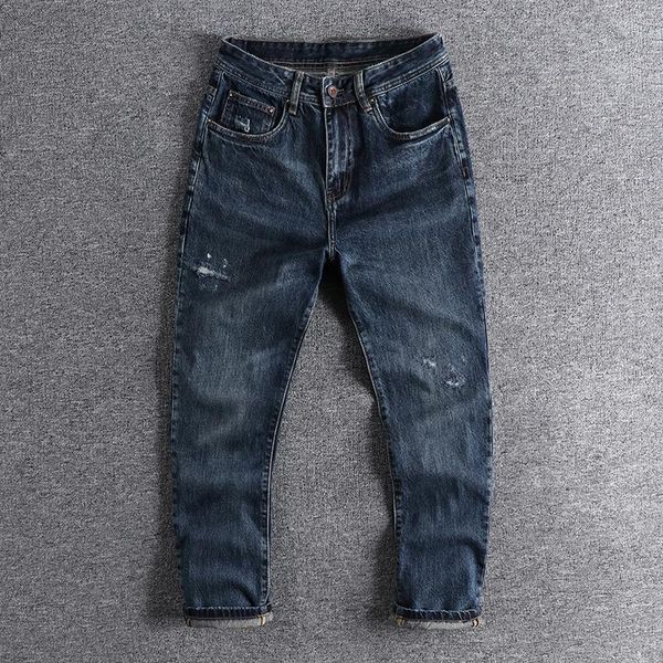 

men's jeans 2021 dark blue perforated patch straight fitting and fashionable harlan pants trouser 0784
