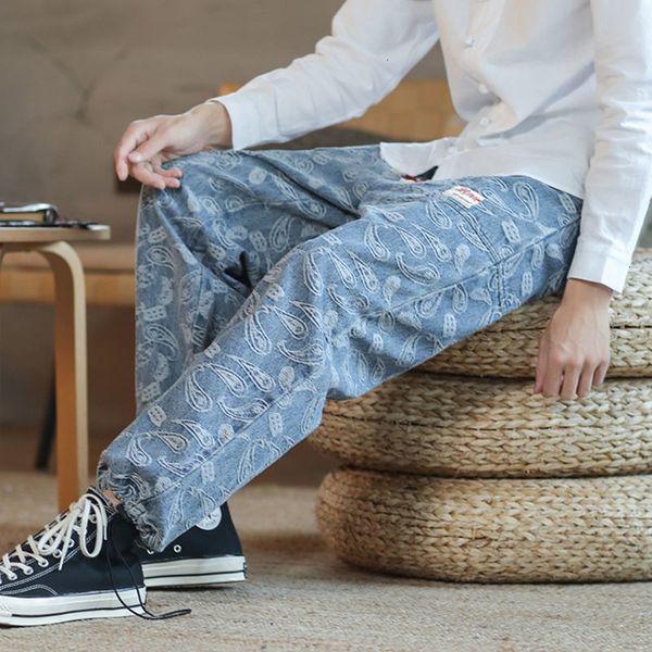 

2021 men's autumn winter new embroidered man casual oversize denim pants chinese style male graphic printed jeans pko8, Blue