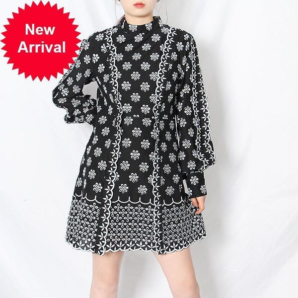 

runway 2021 new autumn turtleneck elegant luxury long sleeve embroidered of female flower dress party clothes vacation usxl, Black;gray