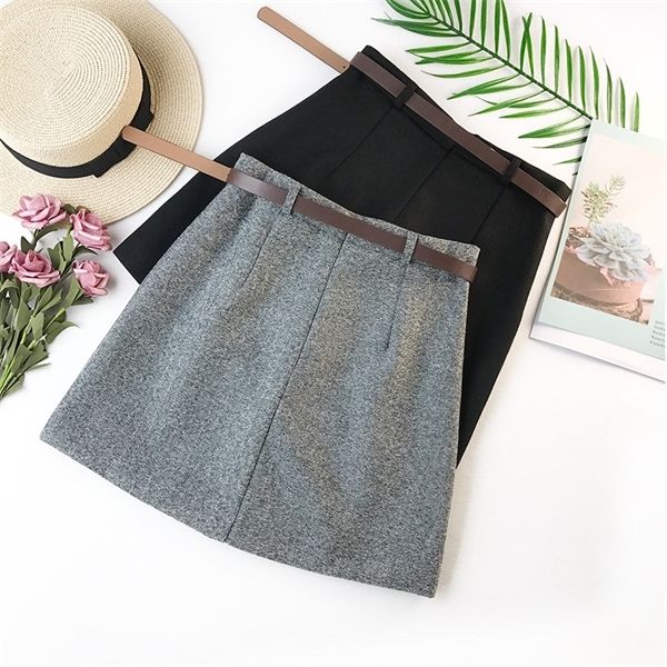 

2020 spring new arrival vintage temperament high waist a-line office skirts womens with belt woolen mini skirt q1217, Black