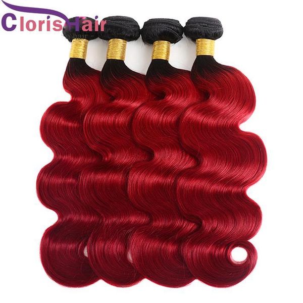 

ombre 1b red body wave hair weaves 3pcs two tone red brazillian virgin human hair extensions wavy dark root red ombre bundles, Black