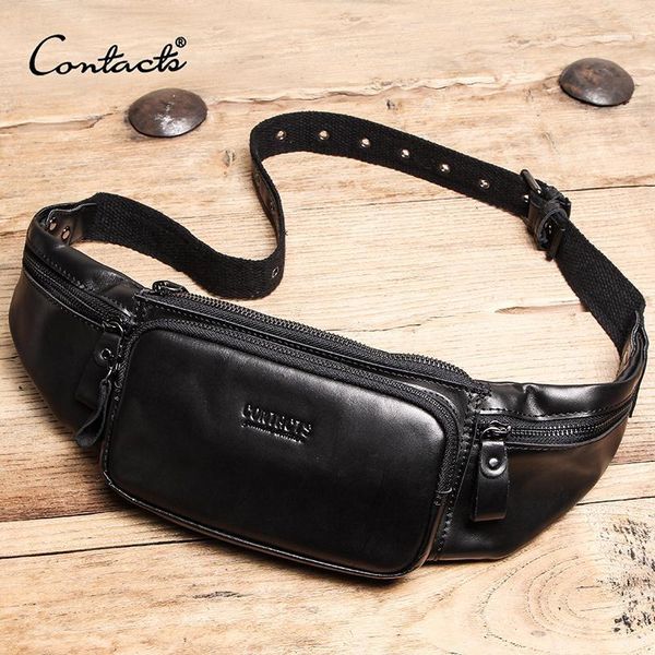 

waist bags contact's genuine leather men bag cell phone for the belt sac banana homme travel crossbody male fanny pack black1