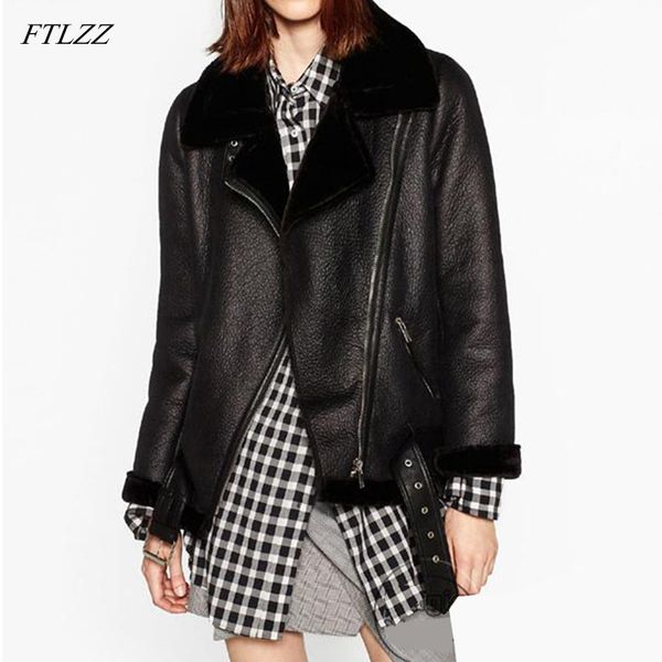

ftlzz new winter women sheepskin coats thicken faux leather fur female coat fur lining leather jacket aviator jacket 201028, Black