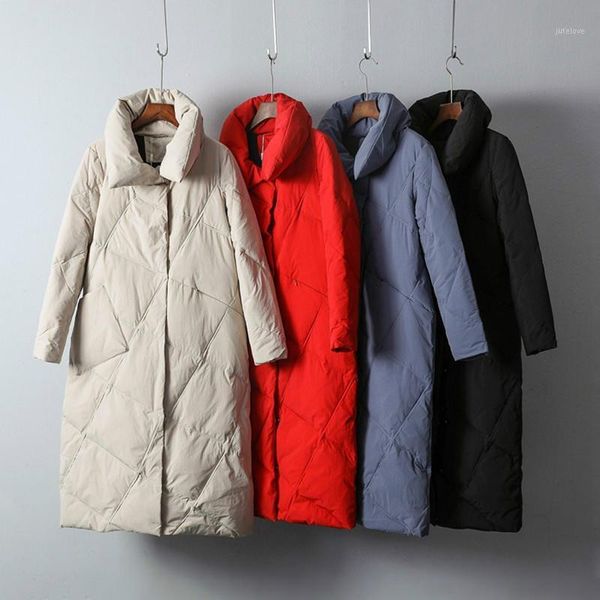 

ultra light down puffer jacket women loose stand collar long parkas new winter warm plaid black down coat outwear casaco1