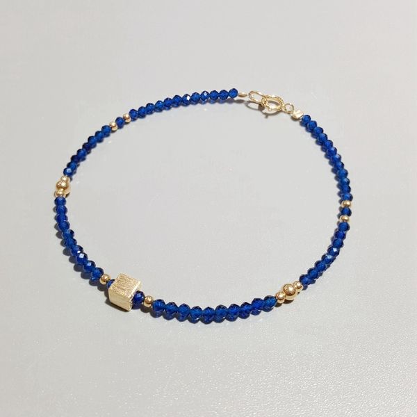 

lii ji lab-created sapphire 2mm beads with 925 sterling silver 18k gold plated matte cube delicate bracelet q1201, Black