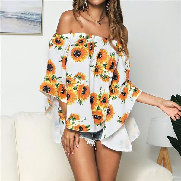 

blouse summer sunflower women print off shoulder blouse casual floral printsleeve loose clothes femme flare sleeve 2021, White