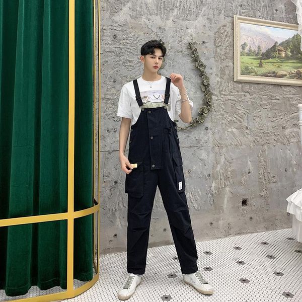 

men's jeans 2021 loose jumpsuit pants designer multi-pockets man black blue bib overalls1