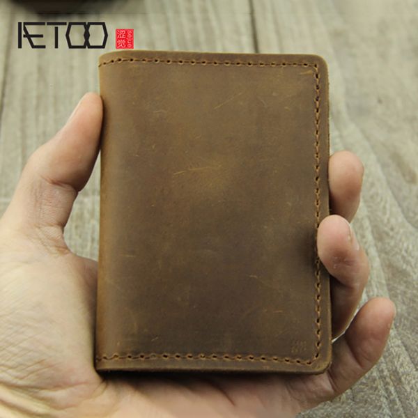 

hbp aetoo crazy horse leather handmade p bit card bag, men's head leather coin purse, mini women's ultra-thin small card bag, Brown;gray