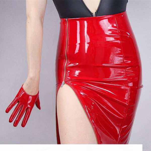 

latex pencil skirt shine patent leather black high rise split zipper vinyl pvc