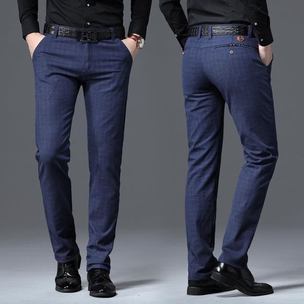 

new men's casual plaid pants business casual slim fit black blue classic style elastic trousers male brand clothes