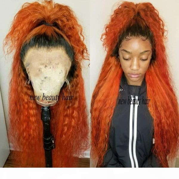 

elling 360 frontal long loose curly ombre orange color full hair wigs synthetic lace front wig for women, Black