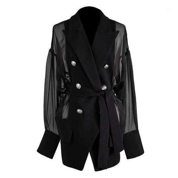 

new deisgner women blazer coat long sleeve double breasted with belt female elegant long suit jacket style blazer jackets1, White;black