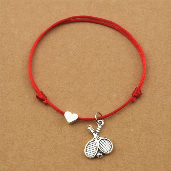 

sports new theme double tennis racket charm bracelets adjustable love heart red cord black rope bangles tennis team gifts, Golden;silver