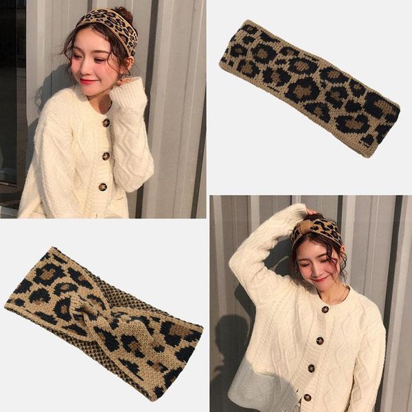 

зимняя вязаная леопард повязка на голову для женщин верхний узел широкие волосы для волос девочек тюрбан сладкий бабочка волосы обруч женски, Black;brown