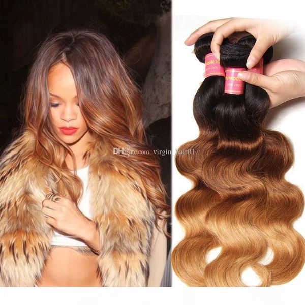 

three tone honey blonde human virgin hair bundles #1b 4 27 brown blonde ombre hair extensions double weft body wave human hair weave, Black;brown