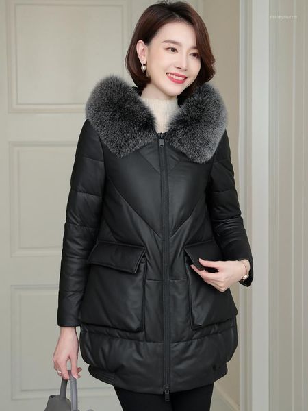 

women's leather & faux fur collar hooded coat female 85%white duck down women's jacket real sheepskin jackets women ropa mujer zjt, Black