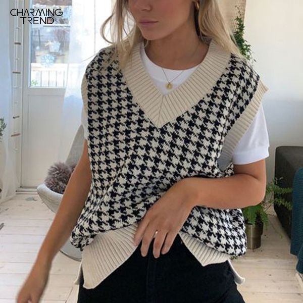 

fashion womens knitted vest pullovers autumn waistcoat sleeveless loose houndstooth female vintage plaid sweater vest 201030, White