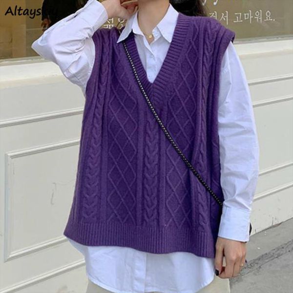 

vests women v neck solid purple v neck simple twisted knitted loose ulzzang bf selling all match spring outwear fashion warm, Black;white