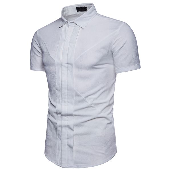 

men's short sleeve casual fashion pleated placket stitching male solid color shirt cotton comfortable breathable blouses c1212, White;black