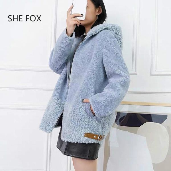 

she 2020 winter new women fur one grain sheep shearing mid-length hooded fur coat women1, Black