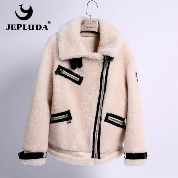 

jepluda new moto & biker real fur jacket wool content 100% wool blends zipper short warm winter real fur coat women1, Black