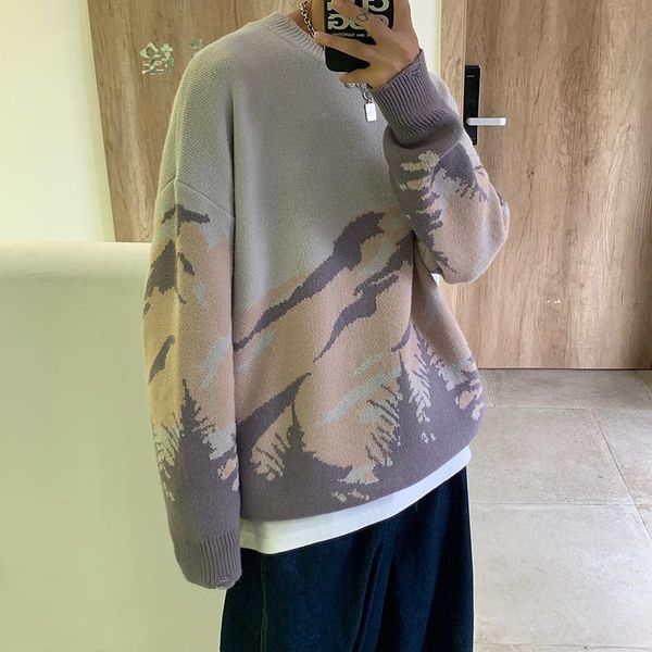 

sweater men streetwear mountain tree pattern hip hop autumn new pullover spandex o-neck oversize couple casual men's sweaters, White;black