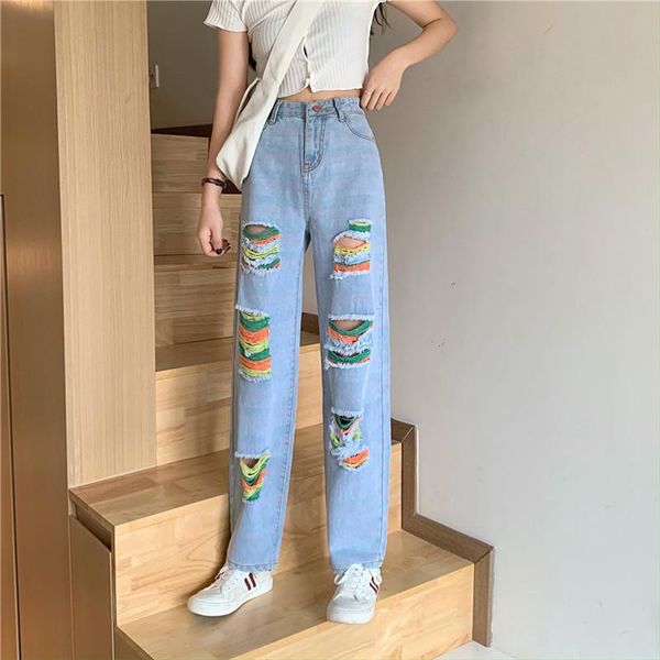 

2020 autumn winter fashion new korean color denim trousers women's fashion hole collision color craft washing tide pant, Blue