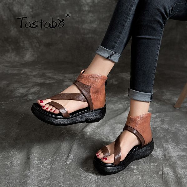 

genuine leather ladies sandals heel zipper design outsole black brown minimalist style s5668 platform wedges sandals ankle boots y200702