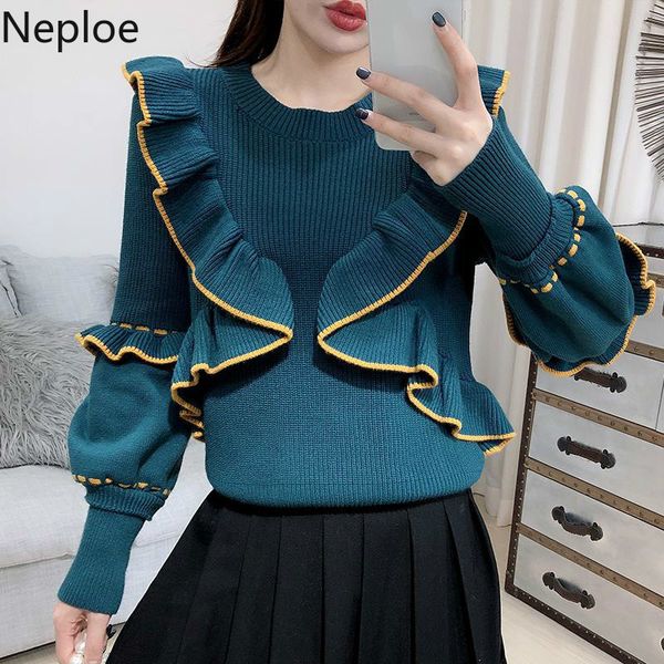 

neploe ruffles contrast color patchwork pullovers jumpers o neck lantern sleeve sweater women vintage fashion knitwear 1a489 c1121, White;black