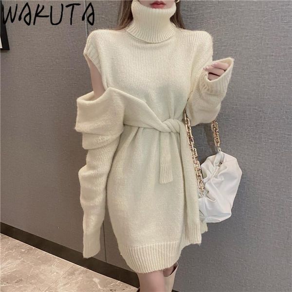 

wakuta badage sweater dress elegant off shoulder highneck knitted mini dresses lazy chic solid warm korean fashion office lady, Black;gray