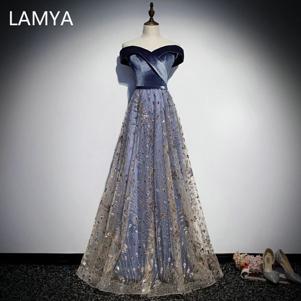

lamya elegant long sequined a line evening party dress bodice v neck velour prom gown plus size vestido de festa lj201119, White;black